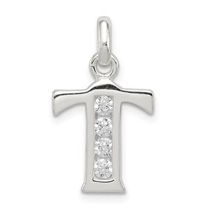 Sterling Silver White CZ Letter T Initial Pendant
